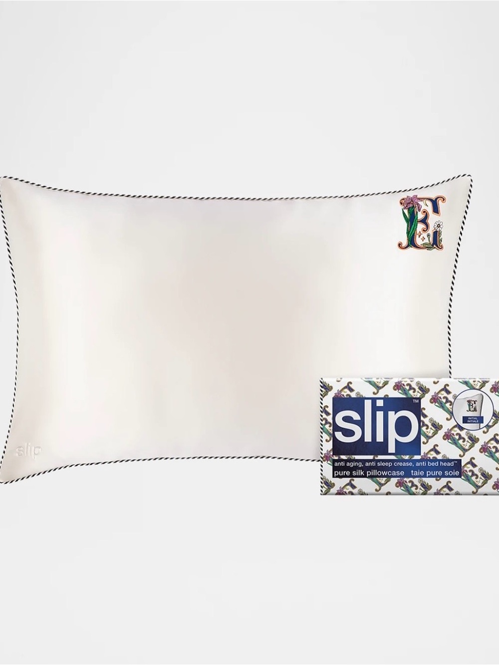 SLIP pure silk pillowcase initial E queen white anti aging anti sleep crease NEW
